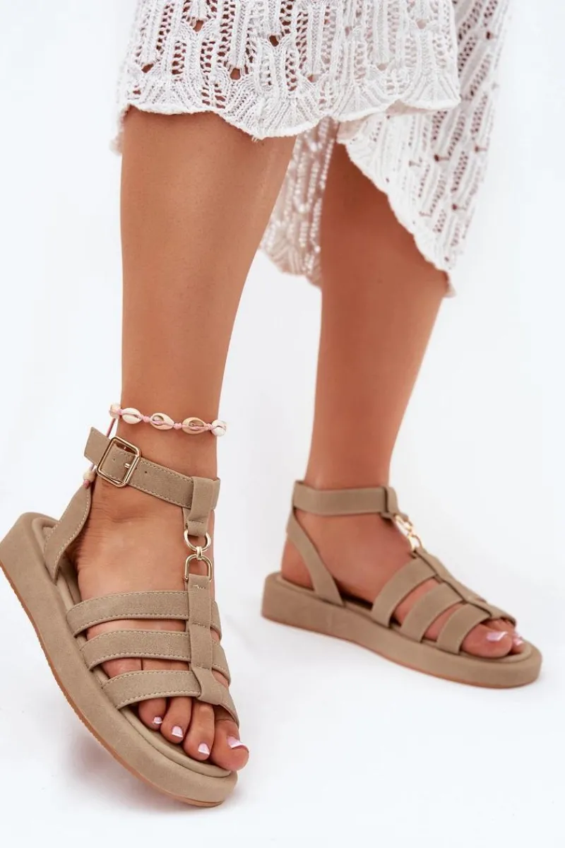 Sandały Płaskie>Boto Sandały Damskie Na Platformie Ze Złotym Detalem Khaki Kartia Beżowy