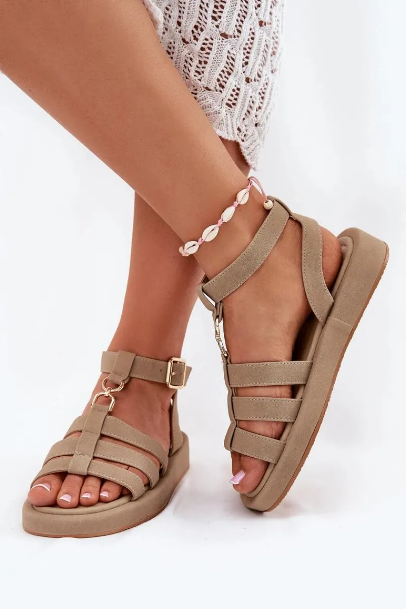 Sandały Płaskie>Boto Sandały Damskie Na Platformie Ze Złotym Detalem Khaki Kartia Beżowy