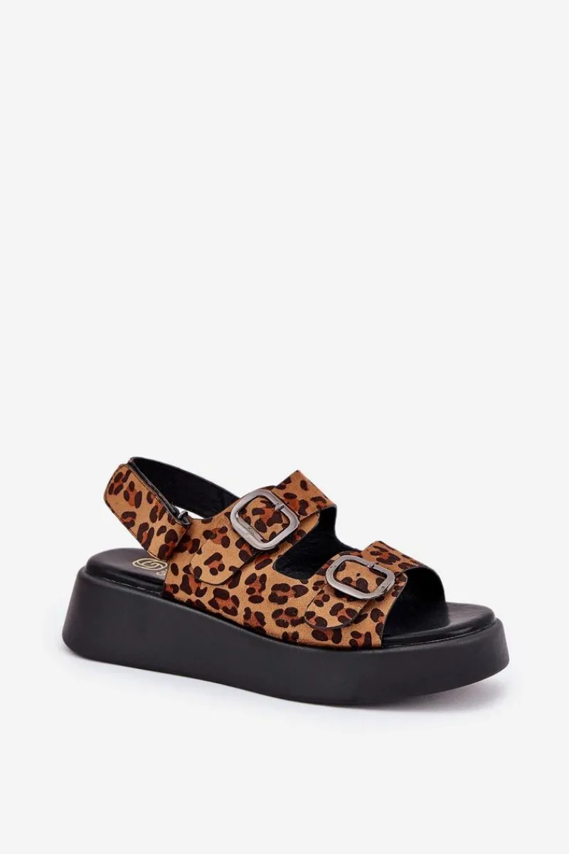 Hot Sandały Damskie Na Platformie I Koturnie Z Klamrami Panterka Brązowe Genorre Damskie Sandały Na Koturnie|Sandały Płaskie