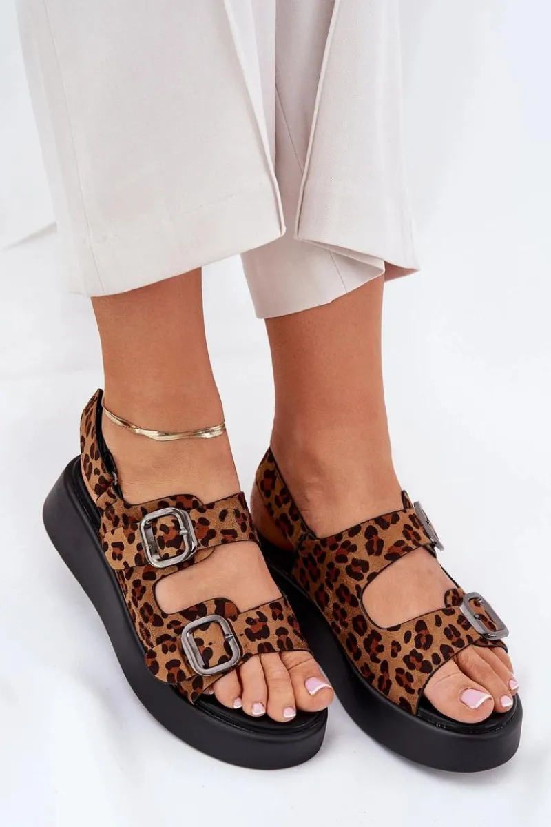 Hot Sandały Damskie Na Platformie I Koturnie Z Klamrami Panterka Brązowe Genorre Damskie Sandały Na Koturnie|Sandały Płaskie