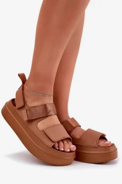 Best Boto Sandały Damskie Na Platformie Z Rzepami Camel Nitepira Brązowy