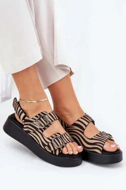 Hot Boto Sandały Damskie Na Platformie I Koturnie Z Klamrami Zebra Beżowo-Czarne Genorre