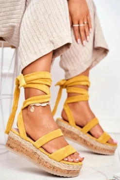 Boto Sandały Damskie Na Platformie Wiązane Żółte La Favorite