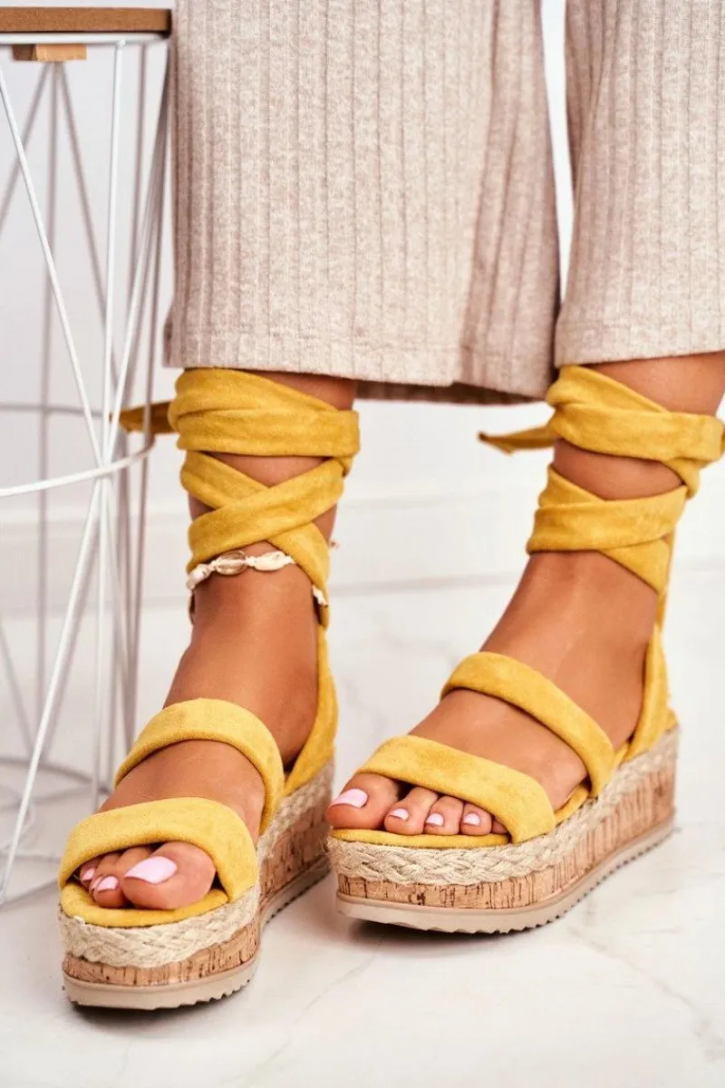 Boto Sandały Damskie Na Platformie Wiązane Żółte La Favorite