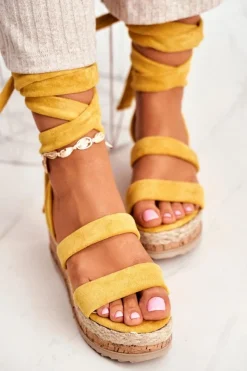 Boto Sandały Damskie Na Platformie Wiązane Żółte La Favorite