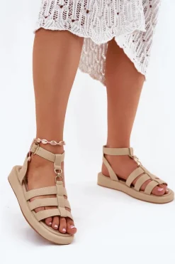 Sandały Płaskie>Boto Sandały Damskie Na Platformie Ze Złotym Detalem Beżowe Kartia Beżowy