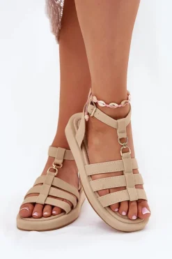 Sandały Płaskie>Boto Sandały Damskie Na Platformie Ze Złotym Detalem Beżowe Kartia Beżowy