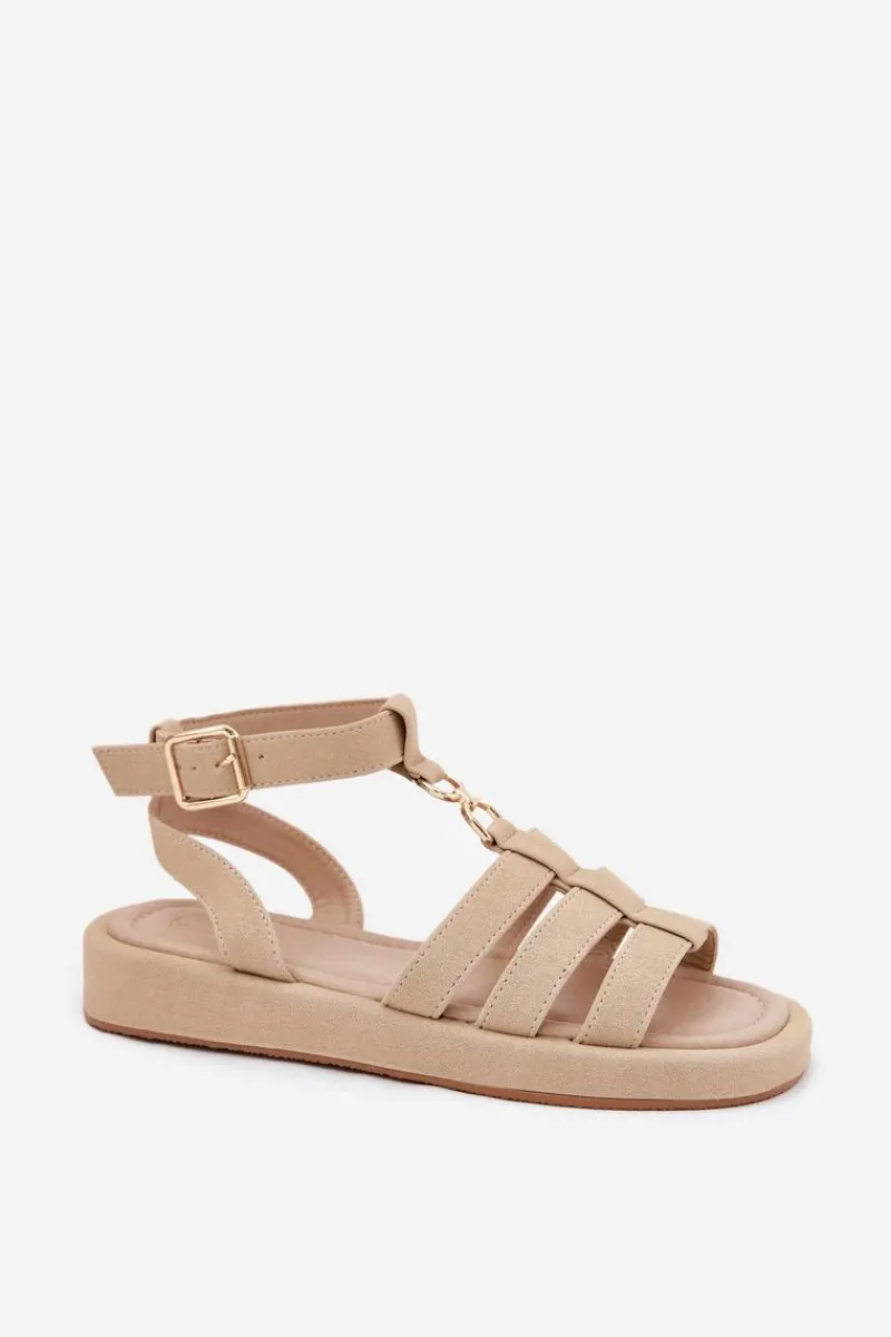Sandały Płaskie>Boto Sandały Damskie Na Platformie Ze Złotym Detalem Beżowe Kartia Beżowy