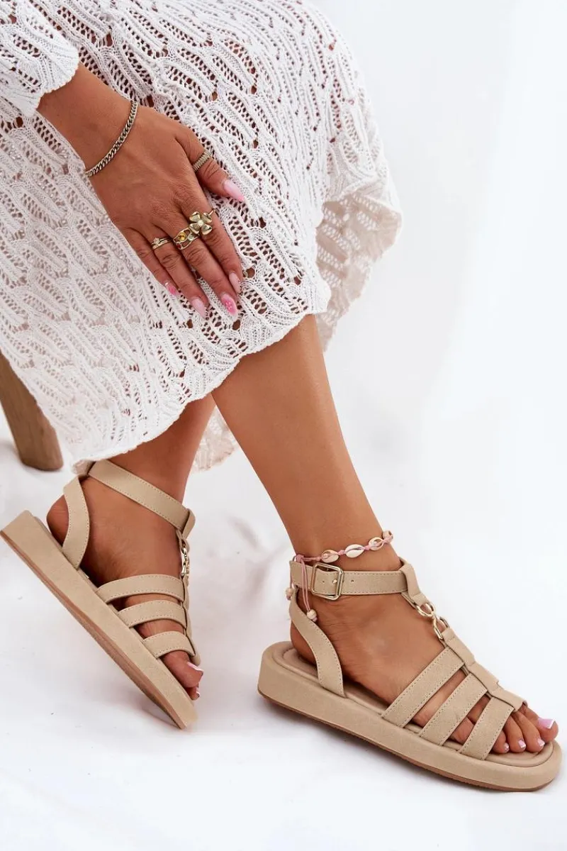 Sandały Płaskie>Boto Sandały Damskie Na Platformie Ze Złotym Detalem Beżowe Kartia Beżowy