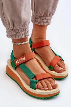 New Big Star Shoes Sandały Damskie Na Platformie I Koturnie Big Star NN274A053 Zielono-Pomarańczowe Pomarańczowy