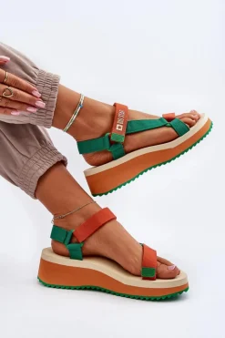 New Big Star Shoes Sandały Damskie Na Platformie I Koturnie Big Star NN274A053 Zielono-Pomarańczowe Pomarańczowy