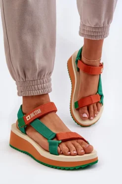 New Big Star Shoes Sandały Damskie Na Platformie I Koturnie Big Star NN274A053 Zielono-Pomarańczowe Pomarańczowy