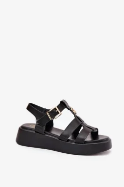 Hot Sandały Damskie Na Platformie Ze Złotym Detalem Czarne Fevire Damskie Sandały Płaskie