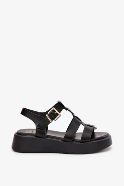 Hot Sandały Damskie Na Platformie Ze Złotym Detalem Czarne Fevire Damskie Sandały Płaskie