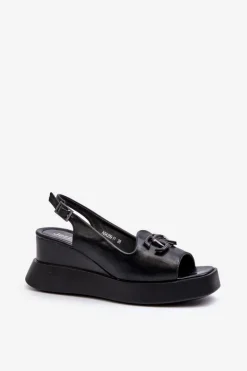 Discount Sandały Damskie Na Platformie I Koturnie Z Ozdobą Czarne Janesca Damskie Sandały Na Koturnie