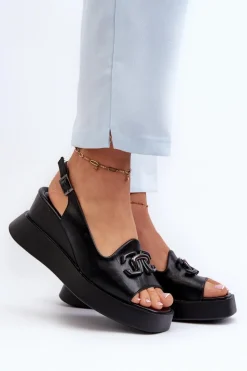 Discount Sandały Damskie Na Platformie I Koturnie Z Ozdobą Czarne Janesca Damskie Sandały Na Koturnie