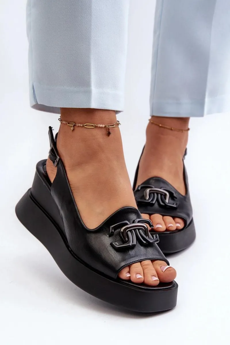 Discount Sandały Damskie Na Platformie I Koturnie Z Ozdobą Czarne Janesca Damskie Sandały Na Koturnie