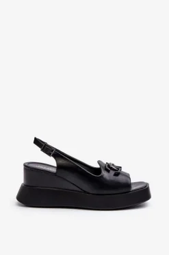 Discount Sandały Damskie Na Platformie I Koturnie Z Ozdobą Czarne Janesca Damskie Sandały Na Koturnie