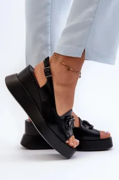 Discount Sandały Damskie Na Platformie I Koturnie Z Ozdobą Czarne Janesca Damskie Sandały Na Koturnie