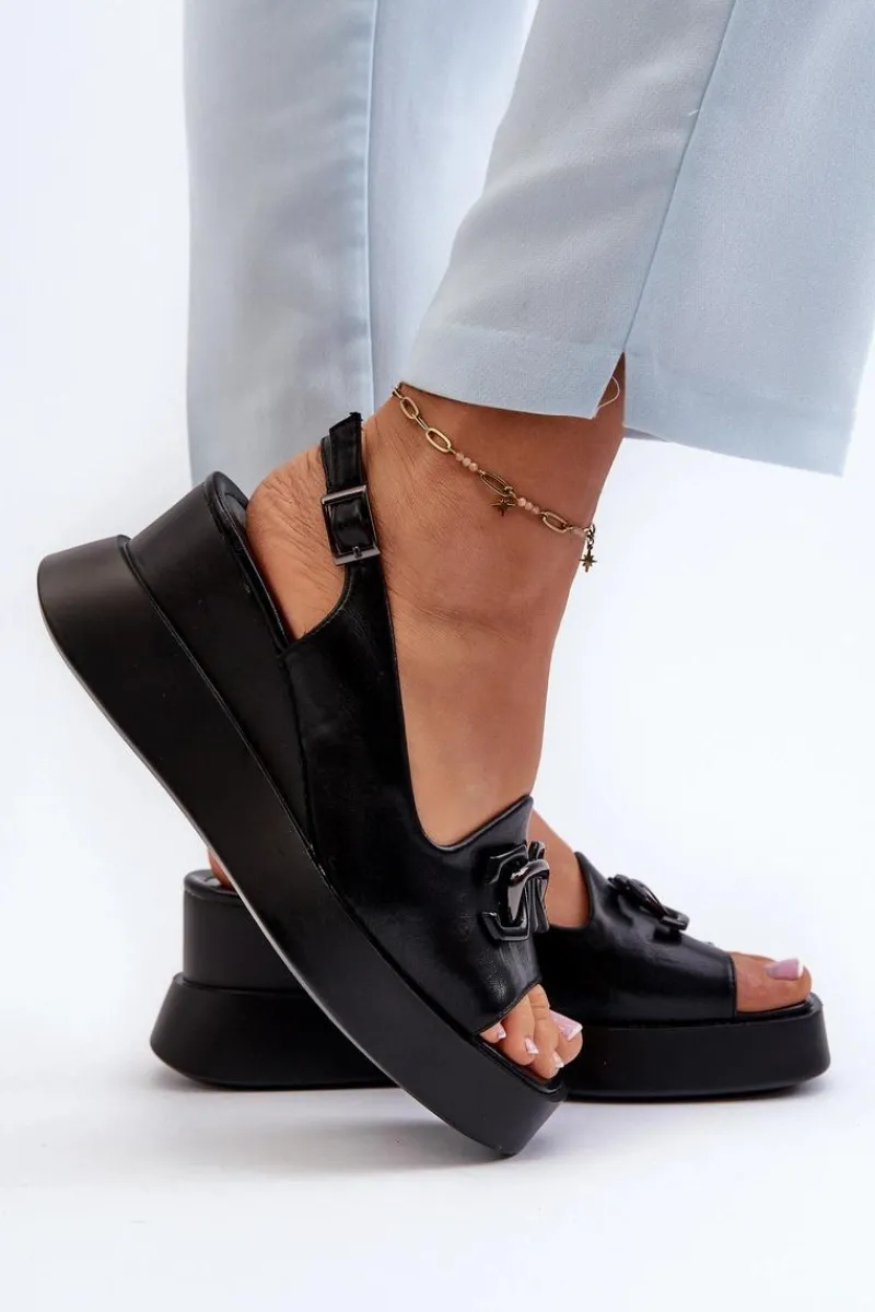 Discount Sandały Damskie Na Platformie I Koturnie Z Ozdobą Czarne Janesca Damskie Sandały Na Koturnie
