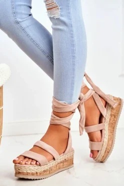 Outlet Sandały Damskie Na Platformie Wiązane Beżowe La Favorite Damskie Sandały Na Koturnie