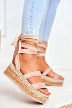 Outlet Sandały Damskie Na Platformie Wiązane Beżowe La Favorite Damskie Sandały Na Koturnie