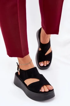 Boto Sandały Damskie Na Platformie Eko Zamszowe Czarne Karonia