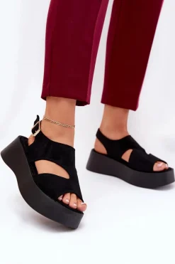 Boto Sandały Damskie Na Platformie Eko Zamszowe Czarne Karonia