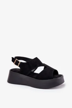 Boto Sandały Damskie Na Platformie Eko Zamszowe Czarne Karonia