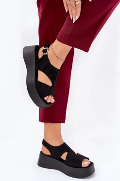 Boto Sandały Damskie Na Platformie Eko Zamszowe Czarne Karonia