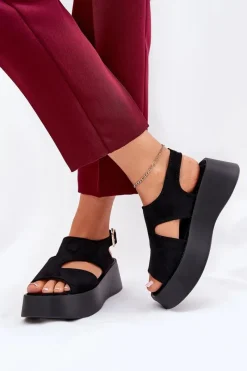 Boto Sandały Damskie Na Platformie Eko Zamszowe Czarne Karonia