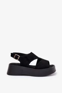 Boto Sandały Damskie Na Platformie Eko Zamszowe Czarne Karonia