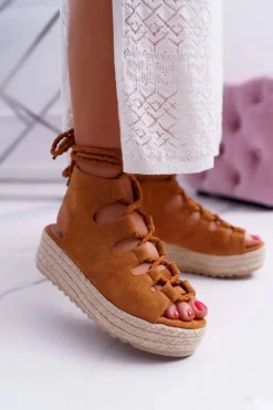 Sandały Na Koturnie|Sandały Płaskie>Boto Sandały Damskie Na Platformie Z Espadrylem Sznurowane Camel Grand