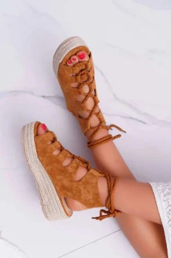 Sandały Na Koturnie|Sandały Płaskie>Boto Sandały Damskie Na Platformie Z Espadrylem Sznurowane Camel Grand