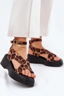 Online Sandały Damskie Na Platformie I Koturnie W Panterkę Brązowe Tenzorus Damskie Sandały Na Koturnie|Sandały Płaskie