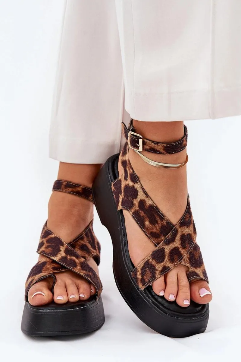 Online Sandały Damskie Na Platformie I Koturnie W Panterkę Brązowe Tenzorus Damskie Sandały Na Koturnie|Sandały Płaskie
