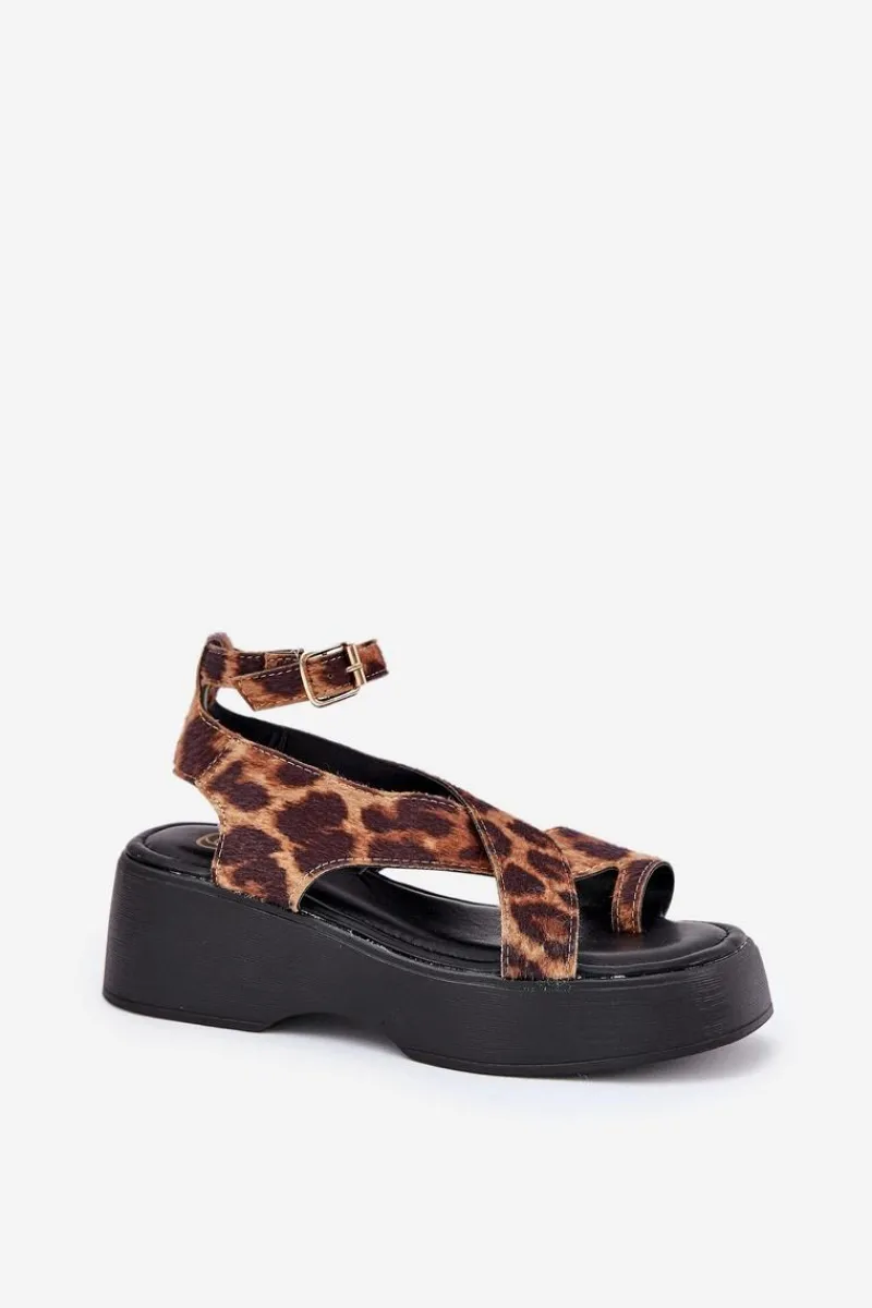 Online Sandały Damskie Na Platformie I Koturnie W Panterkę Brązowe Tenzorus Damskie Sandały Na Koturnie|Sandały Płaskie