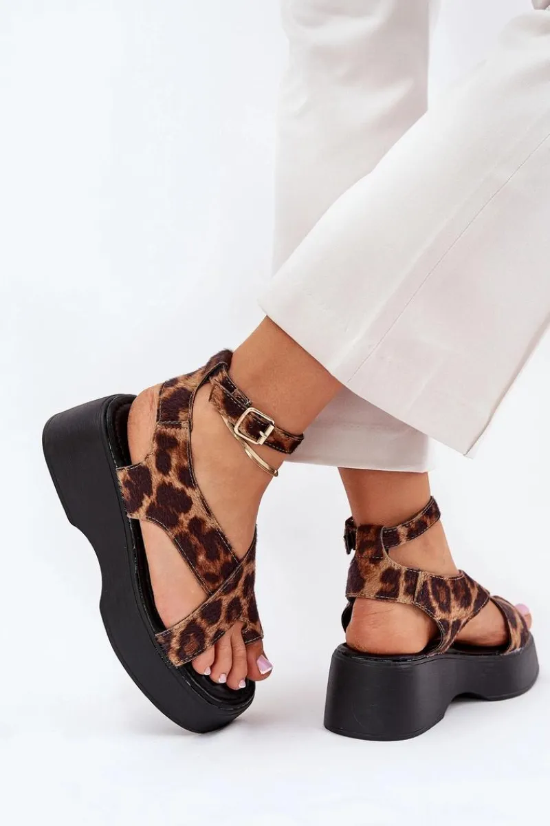 Online Sandały Damskie Na Platformie I Koturnie W Panterkę Brązowe Tenzorus Damskie Sandały Na Koturnie|Sandały Płaskie