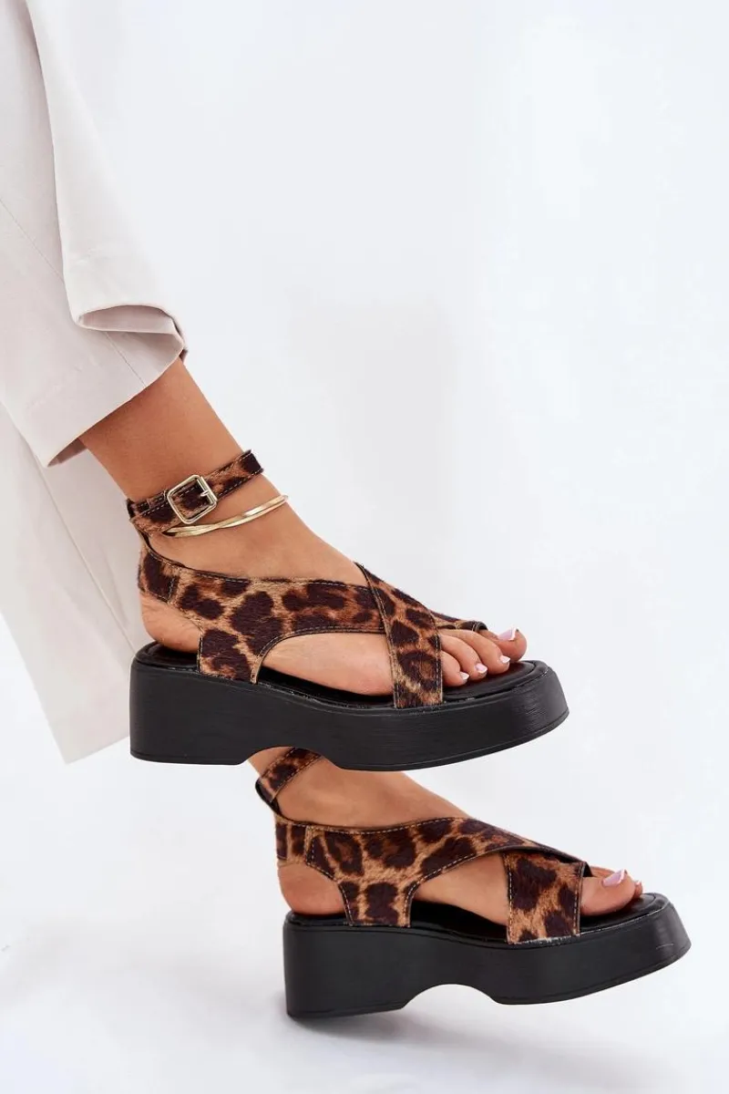Online Sandały Damskie Na Platformie I Koturnie W Panterkę Brązowe Tenzorus Damskie Sandały Na Koturnie|Sandały Płaskie