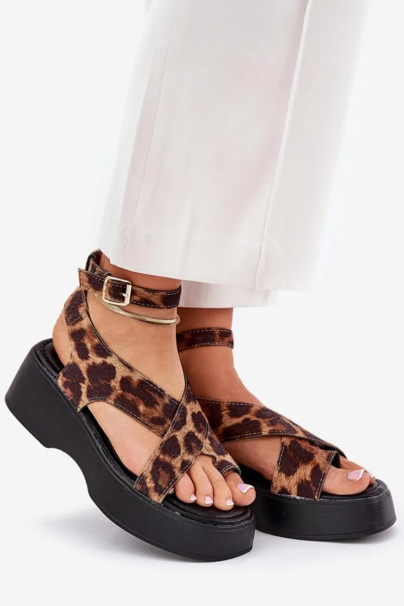 Online Sandały Damskie Na Platformie I Koturnie W Panterkę Brązowe Tenzorus Damskie Sandały Na Koturnie|Sandały Płaskie