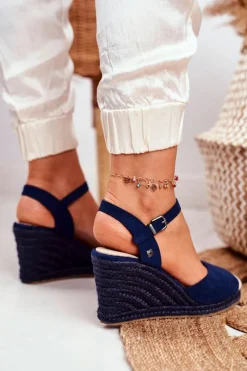 Online Big Star Shoes Sandały Damskie Na Plecionej Koturnie Big Star Granatowe DD274A172