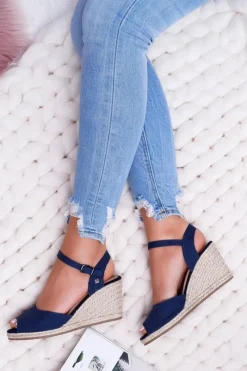 Sandały Big Star|Sandały Na Koturnie>Big Star Shoes Sandały Damskie Na Plecionej Koturnie Big Star Granatowe DD274A212