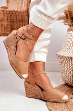 Sandały Big Star|Sandały Na Koturnie>Big Star Shoes Sandały Damskie Na Plecionej Koturnie Big Star Jasnobrązowe DD274A169