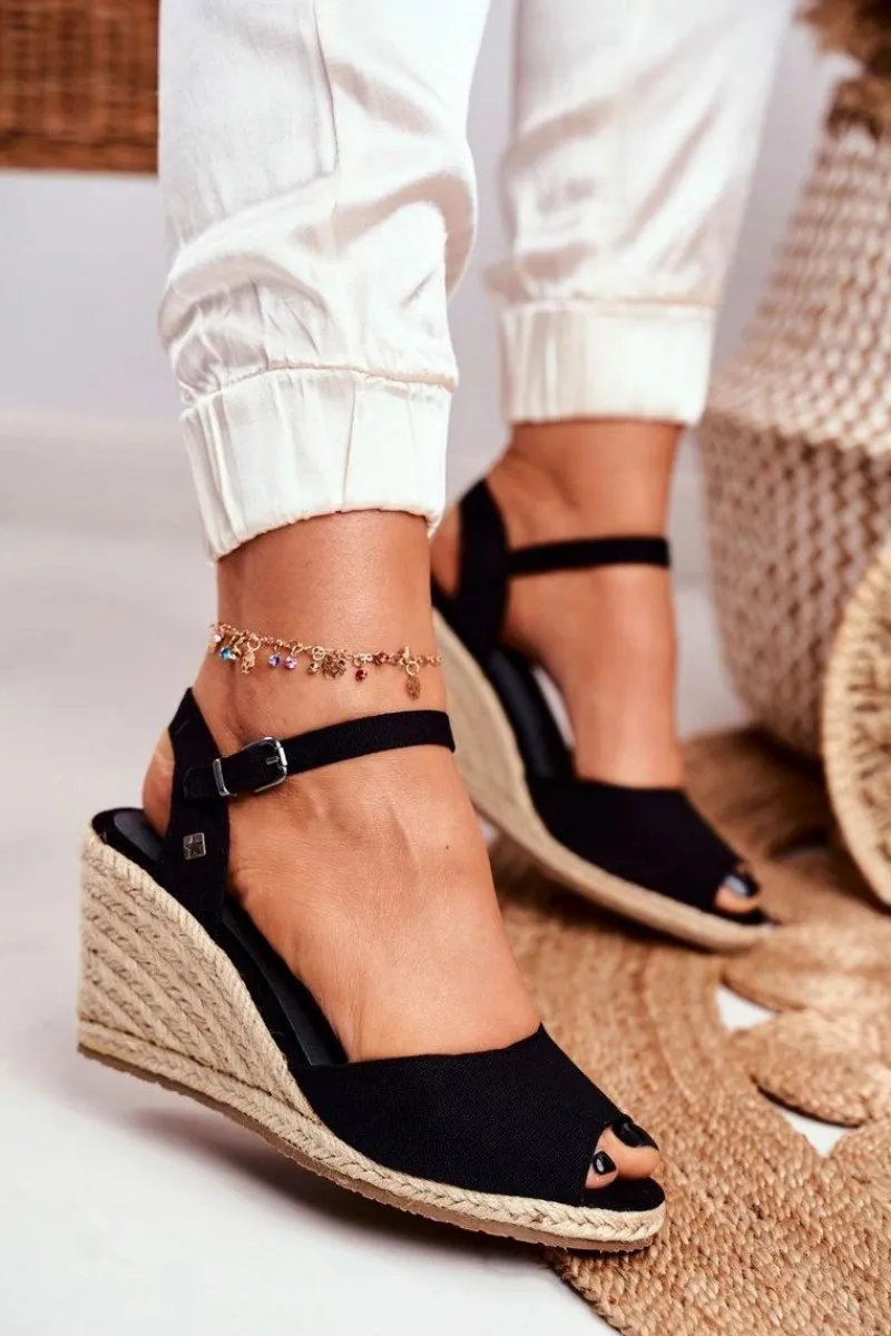 Sandały Damskie Na Plecionej Koturnie Big Star Czarne DD274A209 Damskie Sandały Big Star|Sandały Na Koturnie