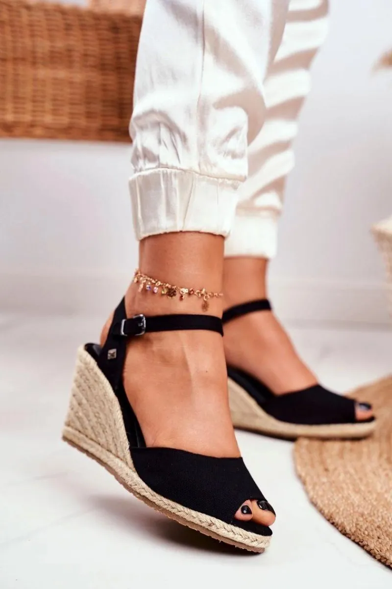 Sandały Damskie Na Plecionej Koturnie Big Star Czarne DD274A209 Damskie Sandały Big Star|Sandały Na Koturnie