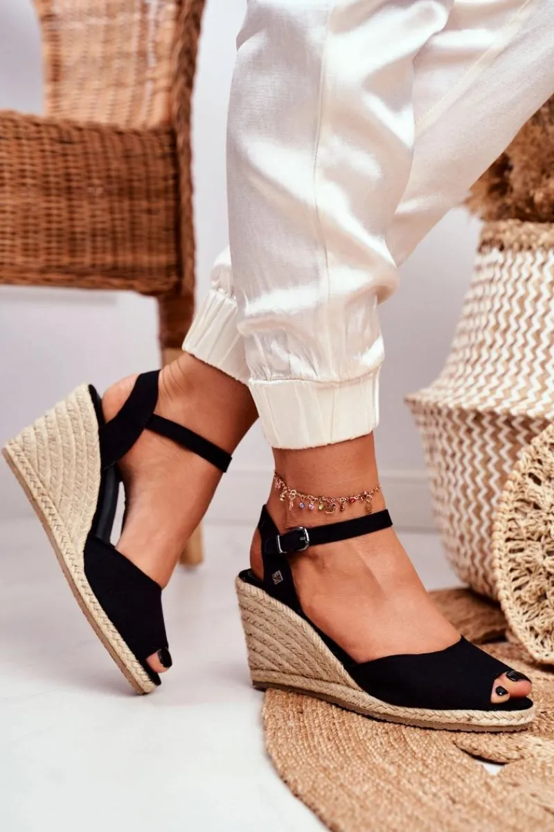 Sandały Damskie Na Plecionej Koturnie Big Star Czarne DD274A209 Damskie Sandały Big Star|Sandały Na Koturnie