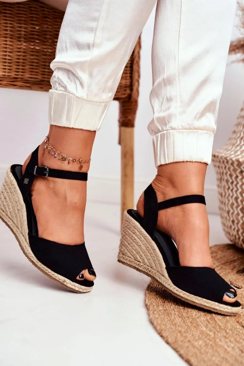 Sandały Damskie Na Plecionej Koturnie Big Star Czarne DD274A209 Damskie Sandały Big Star|Sandały Na Koturnie