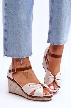 Hot Boto Sandały Damskie Na Plecionym Koturnie Beżowe Judith