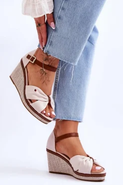 Hot Boto Sandały Damskie Na Plecionym Koturnie Beżowe Judith