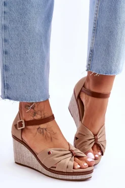 Sandały Na Koturnie>Boto Sandały Damskie Na Plecionym Koturnie Ciemnobeżowe Judith